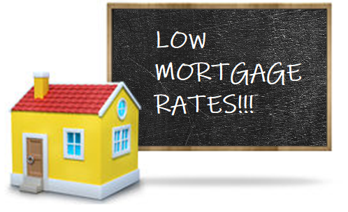 LOW MORTGAGE RATE GRAPHIC, house with a chalkboard saying low mortgage rates
